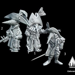 May include: Three detailed, gray miniature figures of plague doctors, each with a distinctive beak-like mask and period clothing. One figure holds a lantern, another a sword. The figures are numbered 1, 2, and 3. The Laboratory logo is in the bottom right.