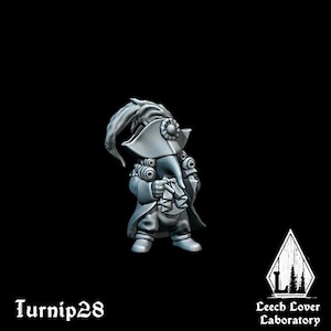 May include: A silver-colored miniature figurine of a character in a hat and coat, holding an object. The figurine is set against a black background. The text "Turnip28" and "Leech Lover Laboratory" are visible.