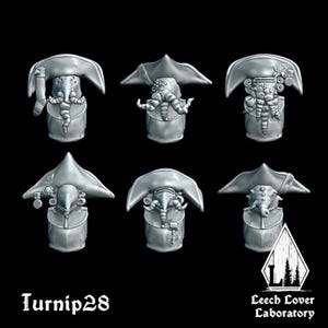 May include: Six gray miniature figures with unique designs, each featuring a hat-like structure and tentacle-like appendages. The figures are arranged in two rows of three against a black background. The text "Turnip28" and "Leech Lover Laboratory" are visible.