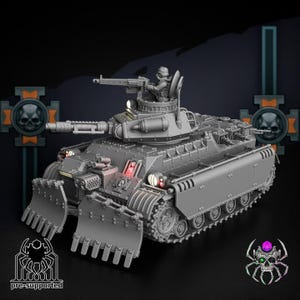 May include: A gray model tank with a mounted machine gun, a driver, and a front blade. The tank has detailed tracks and lights. The image includes the text "pre-supported" and a skull emblem.