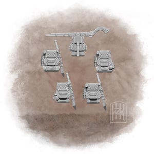 May include: A collection of miniature gray backpacks, rifles, and a long gun, likely for a tabletop game or model. The backpacks have multiple pockets and straps. The long gun has a curved handle. The items are arranged on a neutral background.