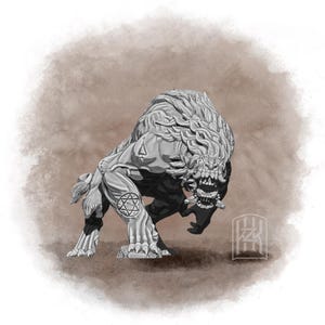May include: A detailed illustration of a monstrous creature with a lion-like mane and a menacing expression. The creature is depicted in shades of gray and white, with intricate details on its fur and body. Symbols are etched on its legs. The background is a soft brown.