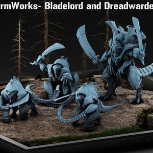 May include: A display featuring four detailed, light blue fantasy figures with bladed weapons, set on a diorama base with miniature trees and terrain. The text "WymrWorks- Bladelord and Dreadwardens" is at the top.