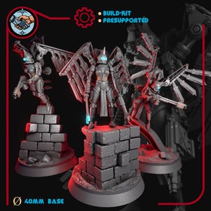 May include: A collection of gray miniature figures, each with intricate mechanical wings and weaponry, standing on brick-like platforms. The figures are labeled as a "BUILD-KIT" and "PRESUPPORTED" with a 40mm base.