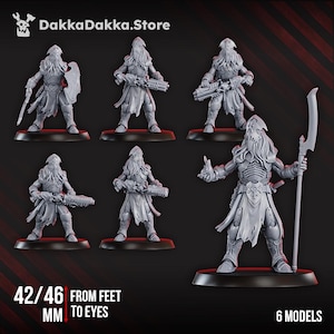 May include: Six gray miniature figures of warriors, each on a black base. The figures are armed with weapons and shields. Text on the image reads "DakkaDakka.Store", "42/46 MM FROM FEET TO EYES", and "6 MODELS".