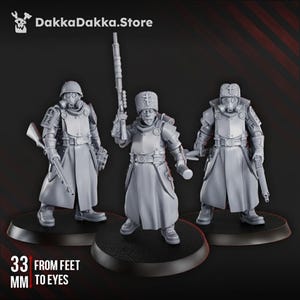 May include: Three gray miniature figurines of soldiers, each standing on a black base. The figures are wearing armor, coats, and helmets, and holding rifles. The text "33 MM FROM FEET TO EYES" is at the bottom. The DakkaDakka.Store logo is in the top left corner.