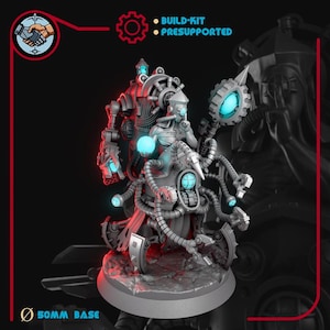 May include: A gray miniature figure with mechanical components, glowing blue orbs, and the text "BUILD-KIT PRESUPPORTED". The figure is on a 50mm base. The design features gears, tubes, and a seated character, ideal for tabletop gaming or model enthusiasts.
