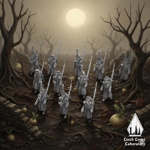 May include: A group of miniature gray figures, each holding a long rifle, stand in a forest setting under a full moon. The figures are dressed in military-style uniforms. The scene has a dark, fantasy theme, with bare trees and exposed roots.