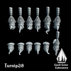 May include: A collection of silver-colored miniature bishop hats with various beak-like protrusions and decorative elements. The image includes the text "Turnip28" and the "Leech Lover Laboratory" logo.
