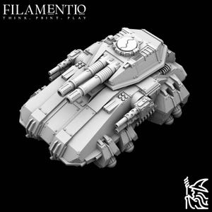 May include: A 3D-printed model of a futuristic tank, featuring multiple cannons, detailed paneling, and a circular emblem on top. The model is light gray and set against a black background. The text "FILAMENTIO THINK. PRINT. PLAY" is visible.