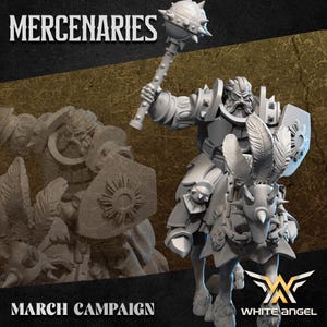May include: A gray miniature figure of a bearded warrior in plate armor riding a horse, holding a spiked mace aloft. The horse wears ornate barding with feathers. Text reads MERCENARIES, MARCH CAMPAIGN, and WHITE ANGEL with a stylized logo.
