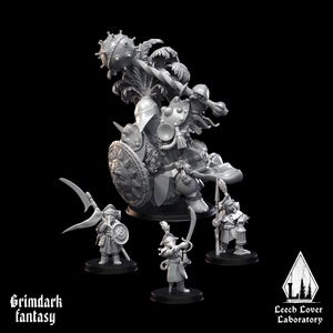 May include: A collection of gray miniature fantasy figures, including a large warrior with a spiked mace and shield, and three smaller figures with weapons and armor. The figures are set against a black background. The text "Grimdark fantasy" and "Leech Lover Laboratory" are visible.
