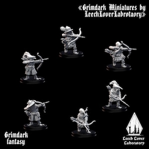 May include: A collection of six miniature archer figurines in various poses, each holding a bow and arrow. The figurines are gray and stand on black bases. Text on the image reads "Grimdark Miniatures by Leech Lover Labrotaory" and "Grimdark fantasy."