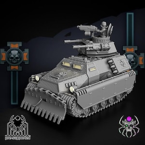 Puede incluir: Modelo de tanque en miniatura gris con una cuchilla delantera, múltiples torretas y una figura de soldado. El modelo tiene un diseño detallado con remaches visibles y una etiqueta pre-soportada. El fondo incluye emblemas de calaveras.