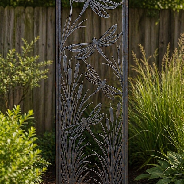 Dragonfly Metal Privacy Panel | Outdoor Garden Screen | Plasma Cut Steel Yard Art | Patio Privacy Fence | Botanical Decor | 3 Sizes