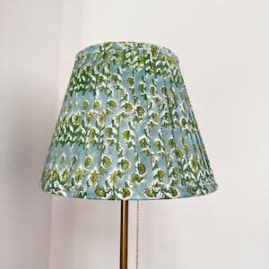 Pleated cotton fabric lampshade | Block printed | Mint