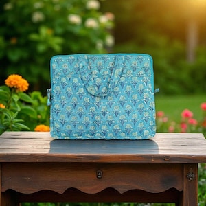 Laptop Bag | Quilted | Cotton Block Printed Fabric | Teal