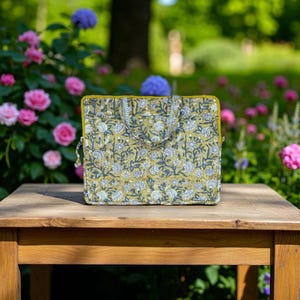 Laptop Bag | Quilted | Cotton Block Printed Fabric | Olive