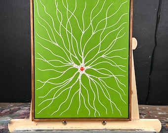 Neuron Art on Canvas with Handmade Frame  11.5 x 14.5  Green, White, Orange