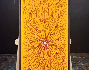 Neuron Art on Canvas with Handmade Frame  10.5x20.5  Yellow, Red, White