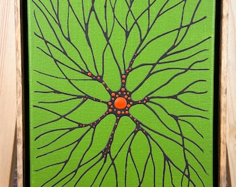 Neuron Art on Canvas with Handmade Frame, 9 x 11  Green,Black,Orange