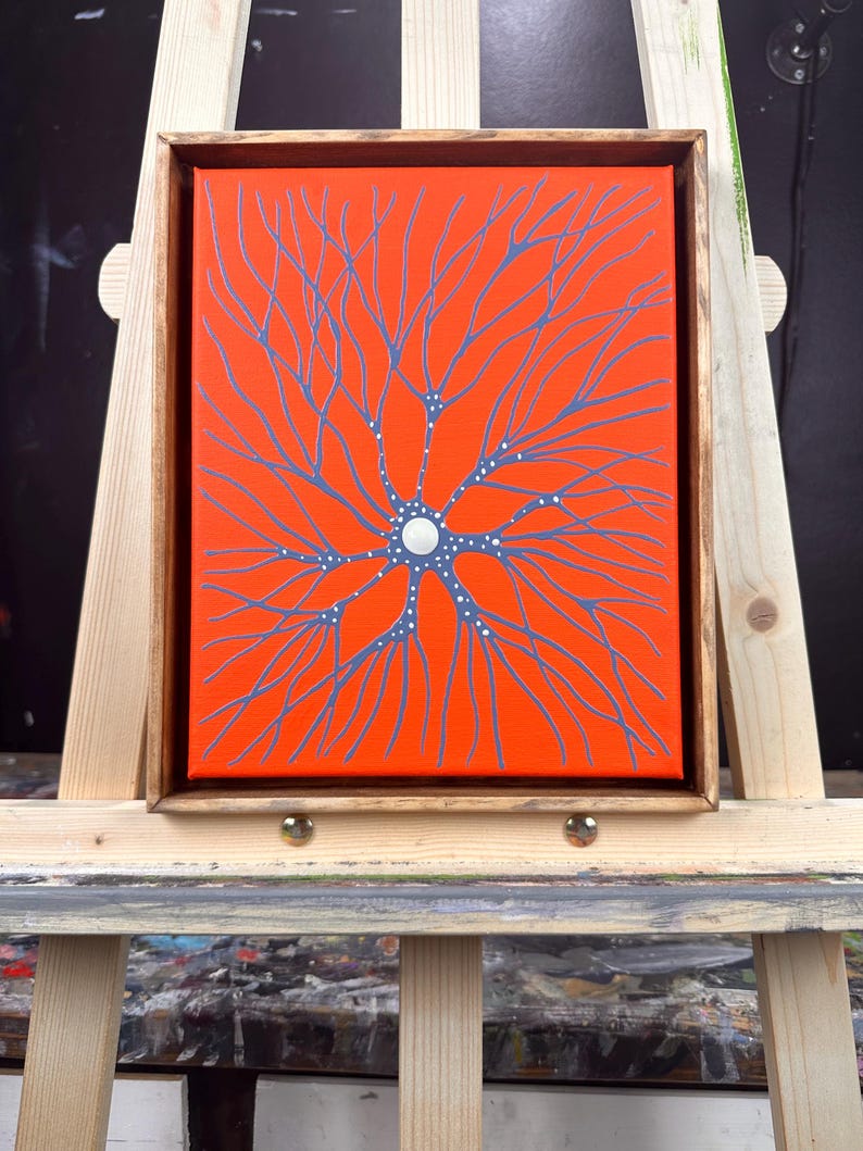 May include: A framed painting of a stylized, branching, neuron-like structure in shades of gray on a bright orange background.