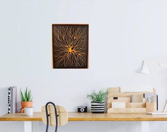 Neuron Art on Canvas with Handmade Custom Frame 11.5x14.5  Black, Yellow Brain Neuron Wall Art