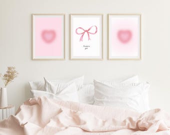 Trendy Pink Bows Wall Art Set of 3, Preppy poster, College Apartment Decor, Watercolor Bows Print, coquette room decor , Girly Wall Art,