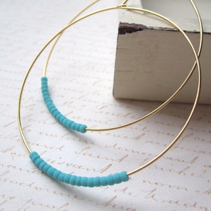 Matte Turquoise Seed Bead Hoop Earrings, Large Gold Plated Earrings, Hoop Earrings, Gold Hoops, Also Available in Silver image 4