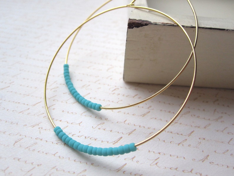 Matte Turquoise Seed Bead Hoop Earrings, Large Gold Plated Earrings, Hoop Earrings, Gold Hoops, Also Available in Silver zdjęcie 4