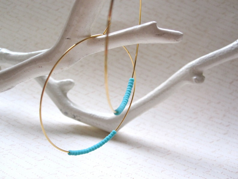 Matte Turquoise Seed Bead Hoop Earrings, Large Gold Plated Earrings, Hoop Earrings, Gold Hoops, Also Available in Silver image 5