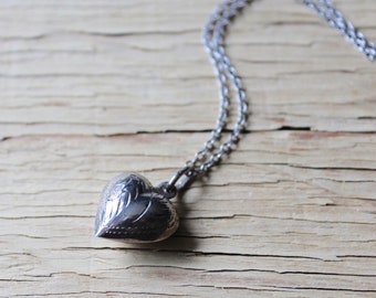 Sterling Silver Vintage Puffy Heart Pendant, Sterling Silver Chain, Silver Heart Necklace