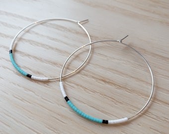 Matte Turquoise Seed Bead Hoop Earrings, Large Silver Plated Earrings, Hoop Earrings, Gold Hoops, Also Available in Gold