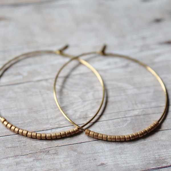 Matte Gold Seed Bead Hoop Earrings, Large Gold Plated Earrings, Hoop Earrings, Gold Hoops,