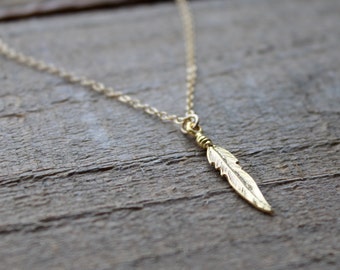 Tiny Gold Feather Necklace, Feather Pendant, Gold Vermeil Feather, 14k Gold Filled Chain