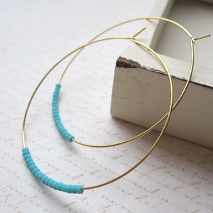Matte Turquoise Seed Bead Hoop Earrings, Large Gold Plated Earrings, Hoop Earrings, Gold Hoops, Also Available in Silver image 3