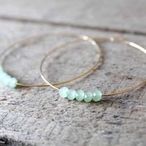 Hoop Earrings, Large Gold Plated Hoops, Gold Hoop Earrings, Beaded Green Jade, Also in Silver, Silver Hoops