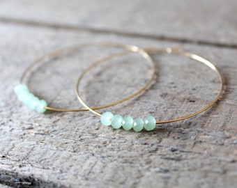 Hoop Earrings, Large Gold Plated Hoops, Gold Hoop Earrings, Beaded Green Jade, Also in Silver, Silver Hoops