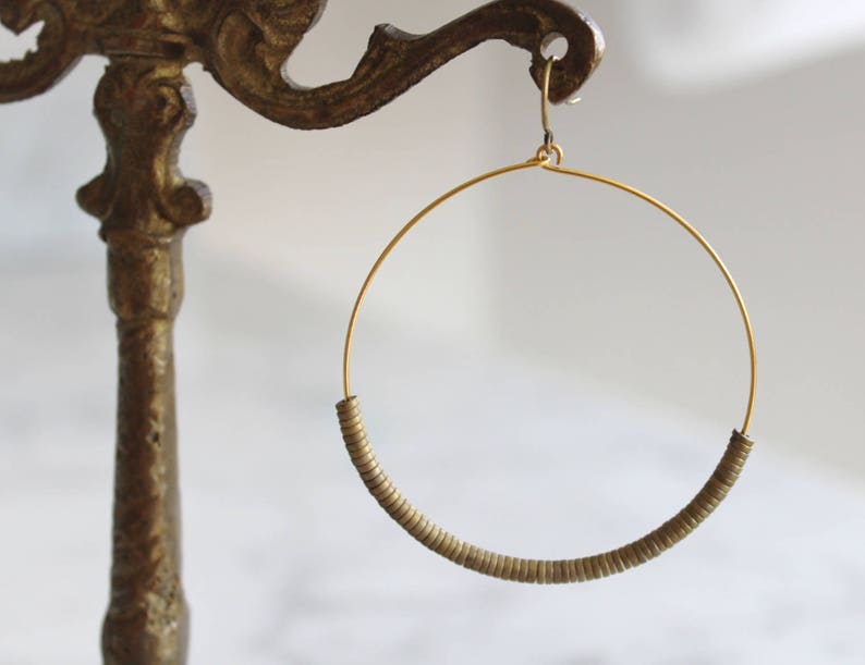 Hoop Earrings, Gold Hoop Earrings, Large Gold Plated Hoops with Bronze Beads, Gold Hoop Earrings image 1