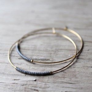 Gray Seed Bead Hoop Earrings, Large Gold Plated Earrings, Hoop Earrings, Gold Hoops, Also Available in Silver image 1