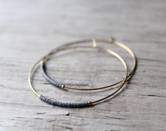 Gray Seed Bead Hoop Earrings, Large Gold Plated Earrings, Hoop Earrings, Gold Hoops, Also Available in Silver