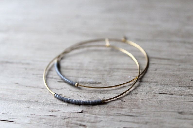 Gray Seed Bead Hoop Earrings, Large Gold Plated Earrings, Hoop Earrings, Gold Hoops, Also Available in Silver image 1