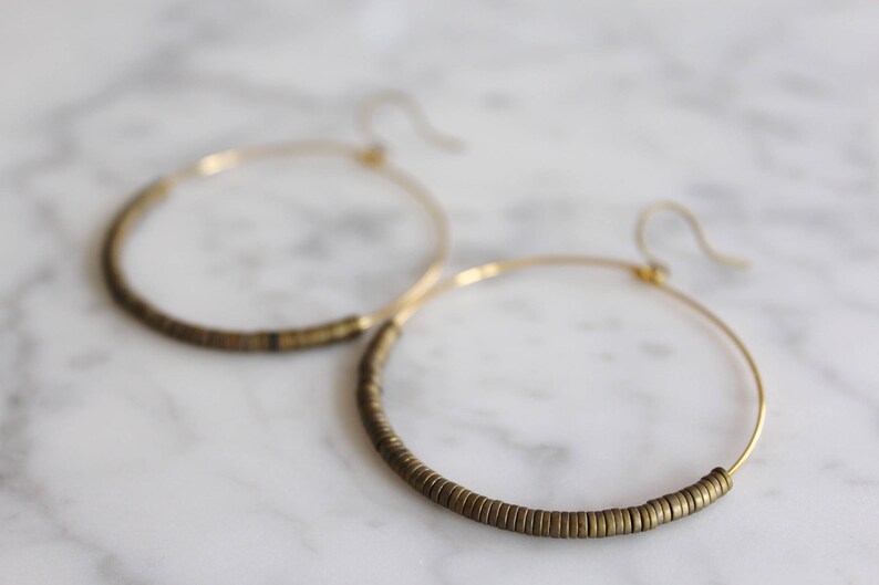 Hoop Earrings, Gold Hoop Earrings, Large Gold Plated Hoops with Bronze Beads, Gold Hoop Earrings image 4