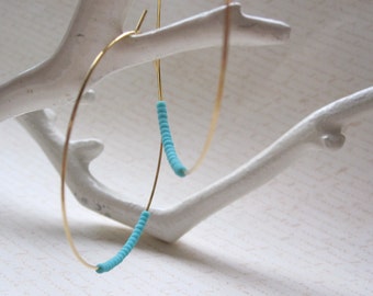 Matte Turquoise Seed Bead Hoop Earrings, Large Gold Plated Earrings, Hoop Earrings, Gold Hoops, Also Available in Silver