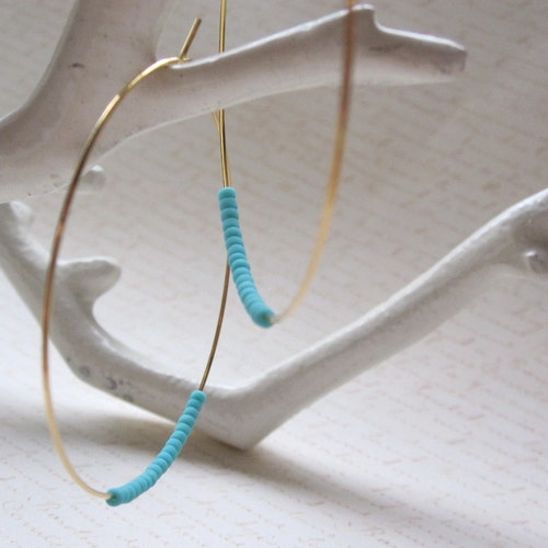 Boucles d'oreilles créoles en perles de rocaille turquoise mates, grandes boucles d'oreilles en plaqué or, créoles en or, également disponible en argent