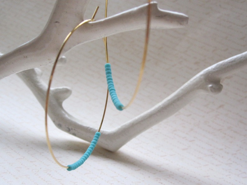 Matte Turquoise Seed Bead Hoop Earrings, Large Gold Plated Earrings, Hoop Earrings, Gold Hoops, Also Available in Silver image 1