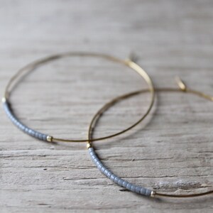 Gray Seed Bead Hoop Earrings, Large Gold Plated Earrings, Hoop Earrings, Gold Hoops, Also Available in Silver image 2