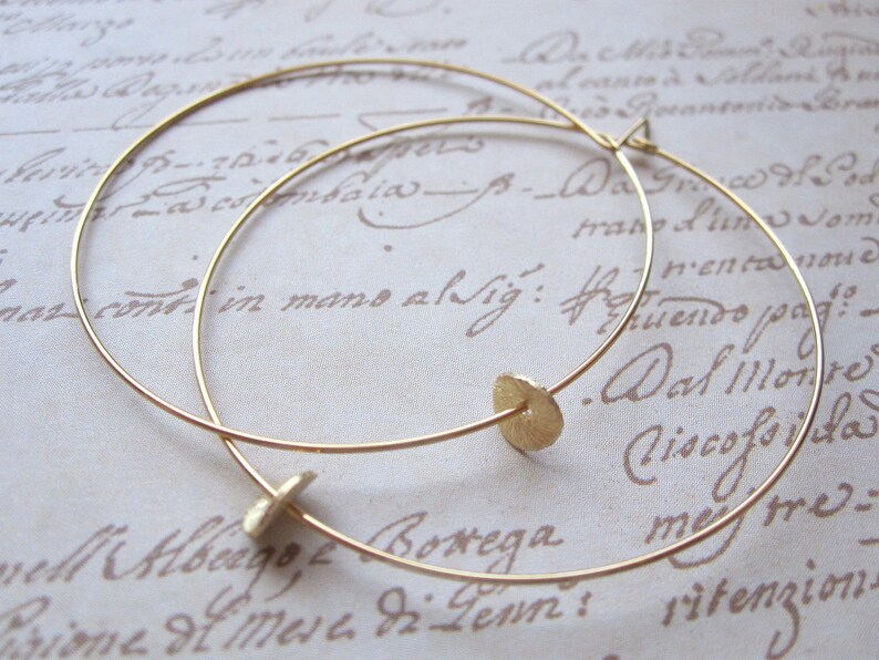 Gold Plated Hoops with Gold Brushed Disc, Gold Hoop Earrings image 3