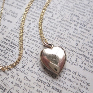 Simple Gold Heart Necklace Vintage Pendant on 14k Gold Filled Chain Rhinestone Accent