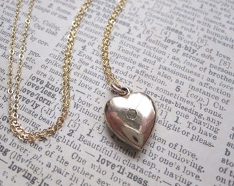 Simple Gold Heart Necklace Vintage Pendant on 14k Gold Filled Chain Rhinestone Accent